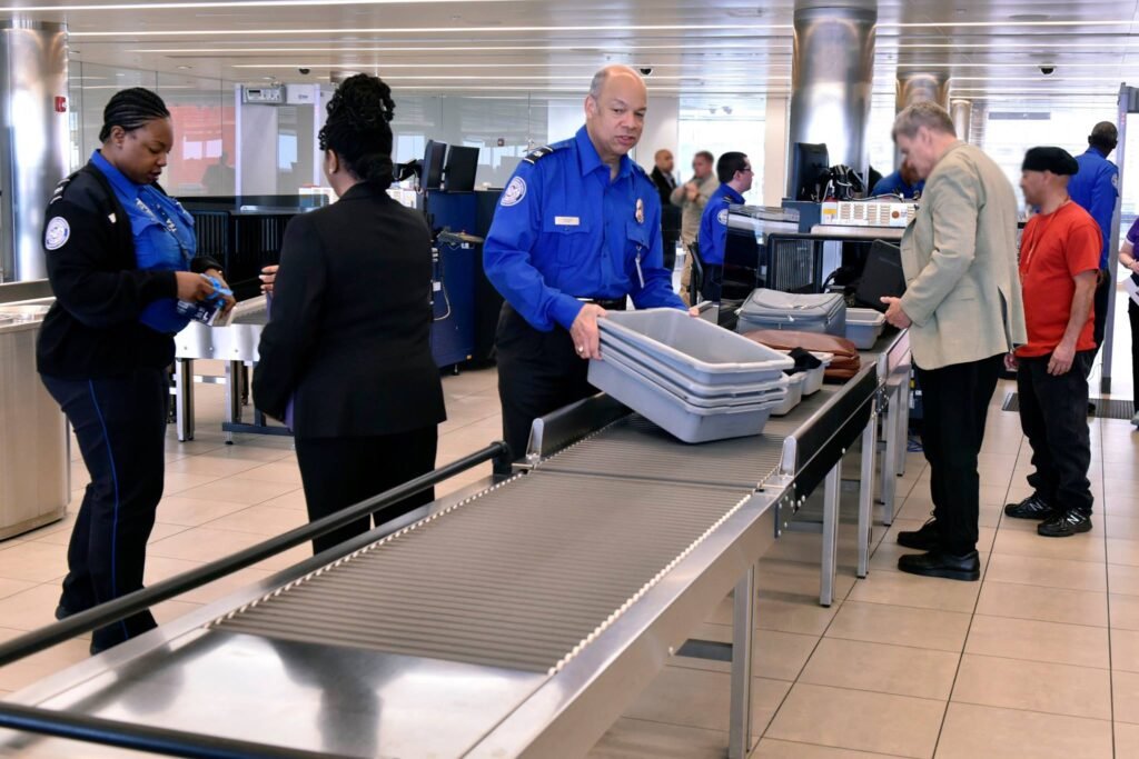 TSA agents engaging with passengers at airport security