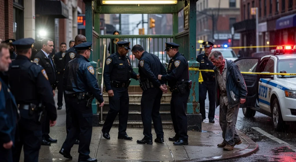Police officers arresting a police officer in a busy cit street