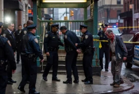Police officers arresting a police officer in a busy cit street