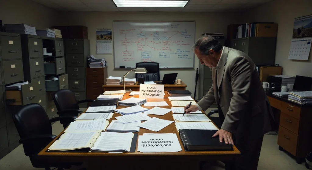 Man in a room looking over a table full of documents