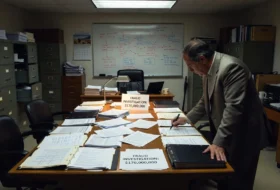 Man in a room looking over a table full of documents