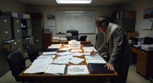 Man in a room looking over a table full of documents