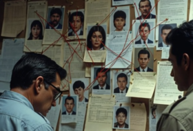 detectives in front of a board mapping out missing persons' photos and various notes