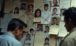 detectives in front of a board mapping out missing persons' photos and various notes