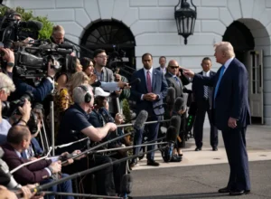 President Trump speaking to reporters outside the White House
