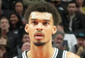 Closeup of Victor Wembanyama on the basketball court